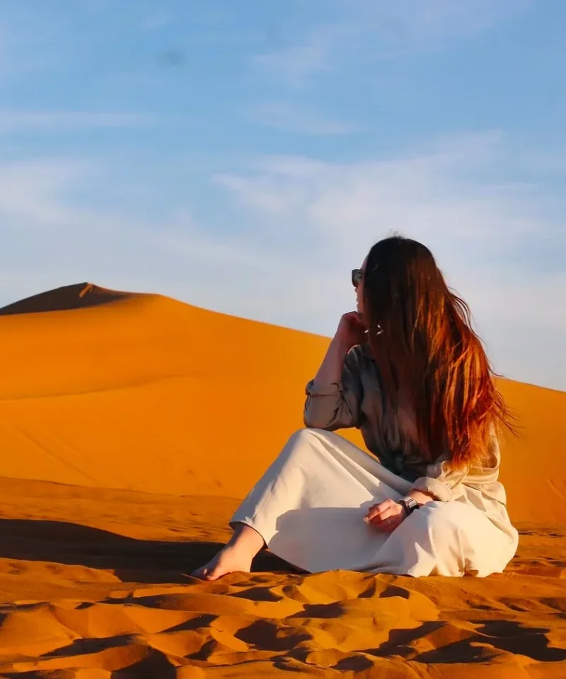 Merzouga Sahara desert camel trek Erg Chebbi dunes Morocco sunset