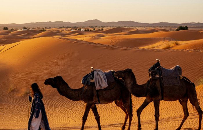 Woman enjoying sunset in Merzouga Desert